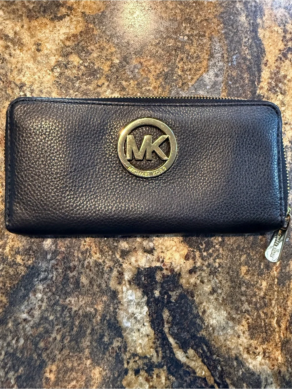 Michael Kors Black Leather Wallet with Gold MK Emblem